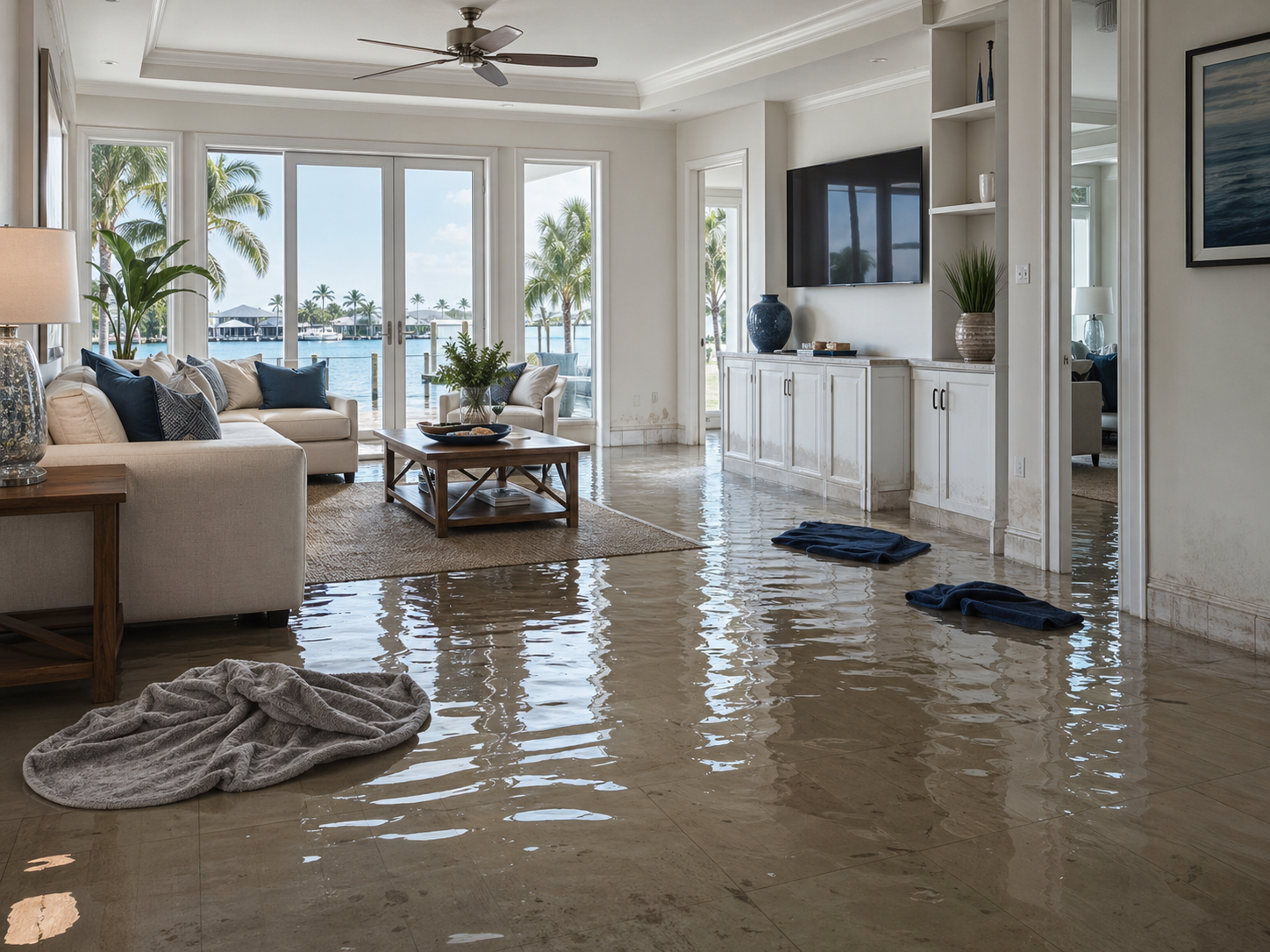 Flooded living room in a nice Florida home after storm water intrusion