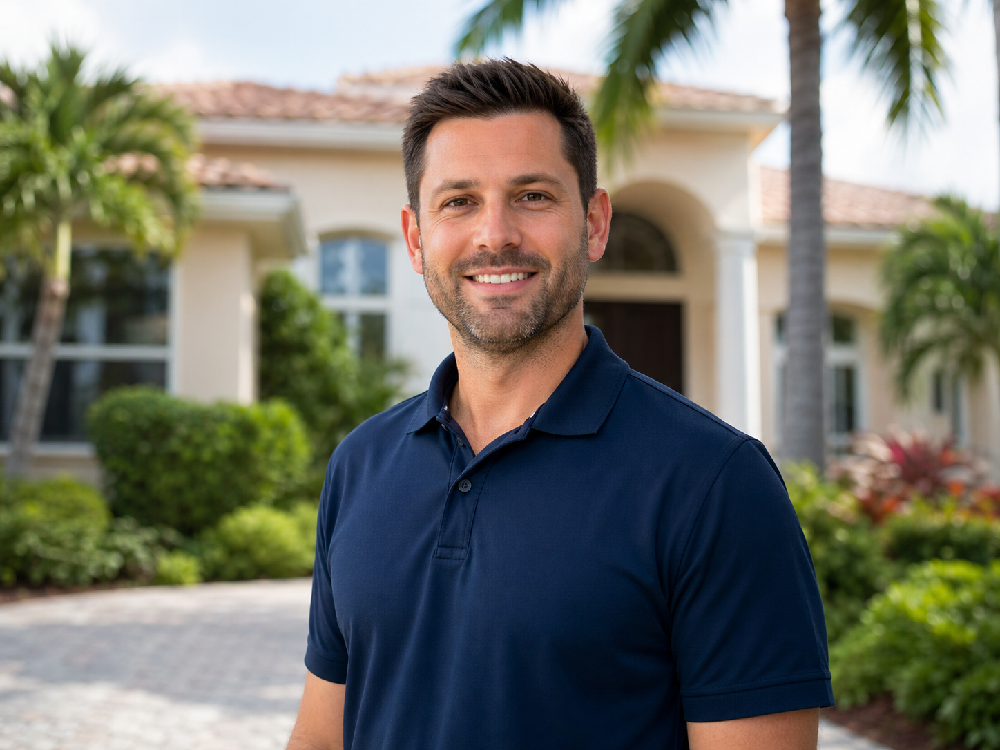 Restoration coordinator in a navy polo outside a Florida home