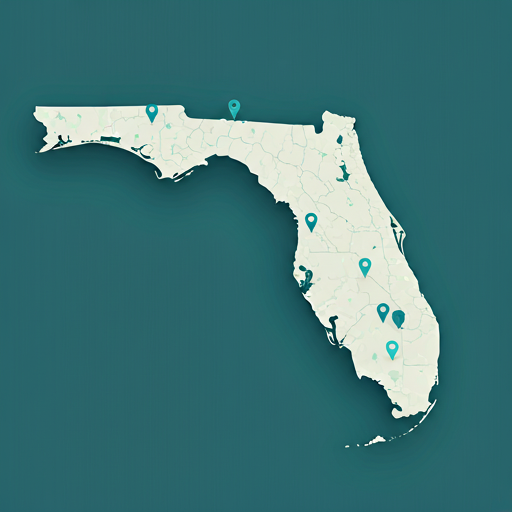 Stylized map of Florida with teal service markers across major regions