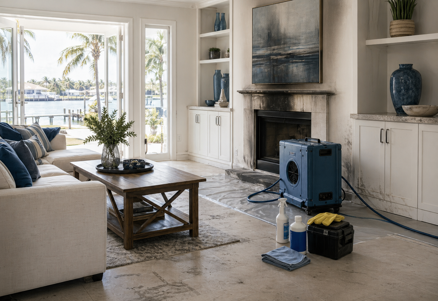 Florida living room with fire and smoke cleanup equipment