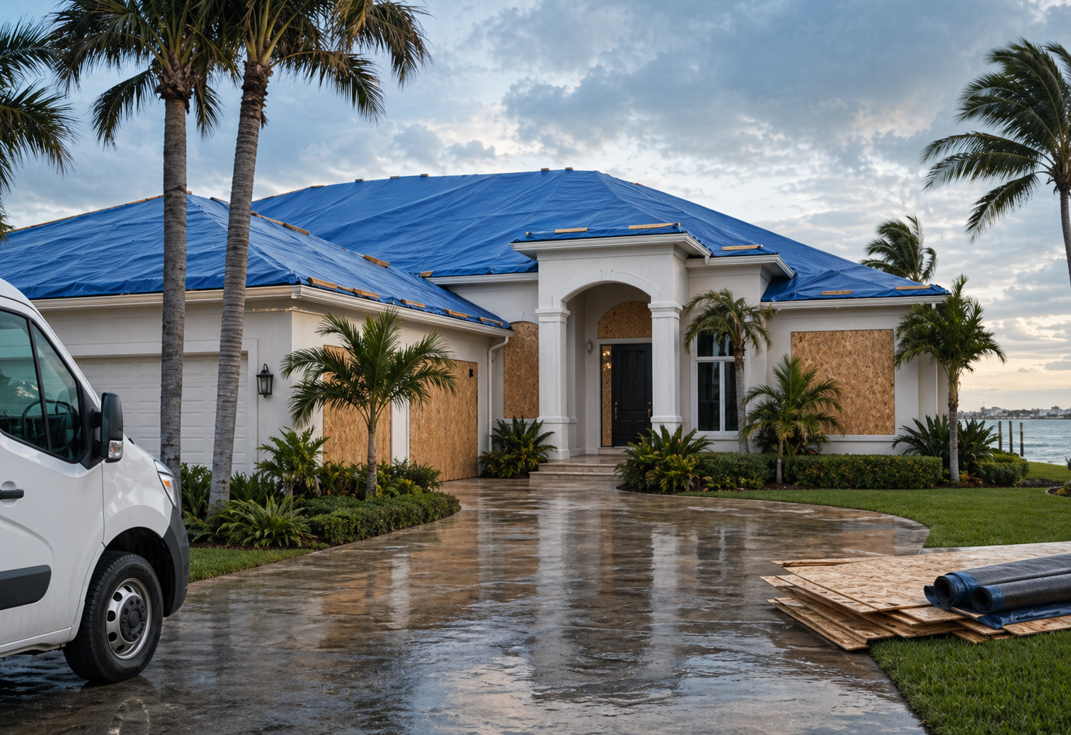 Florida home with roof tarp and board-up protection after a storm