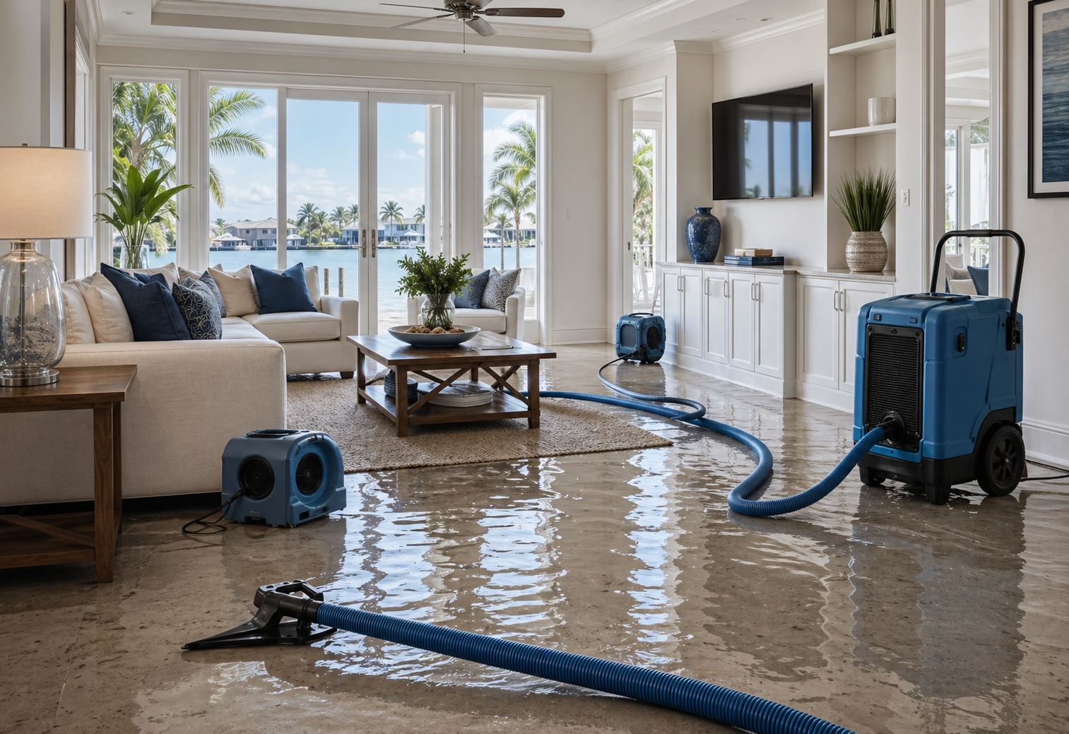 Florida living room with water extraction equipment after a flood